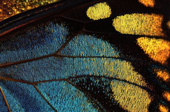 Macro view of butterfly wing scales in vibrant blue and yellow with dark veins and dew droplets, evoking delicate wonder