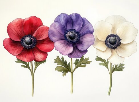 Three delicate anemone flowers in red, purple, and white with green stems and leaves, botanical watercolor illustration conveying calm elegance and gentle springtime mood