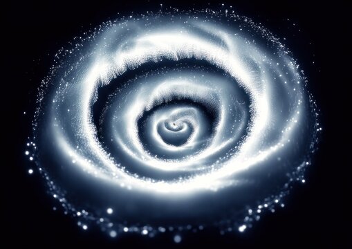 silvery-blue glowing spiral vortex of stardust and light particles on a dark background, ethereal and mesmerizing