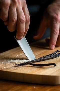 hands carefully scraping vanilla bean seeds with a small knife into granulated sugar on a wooden cutting board conveying focused precision