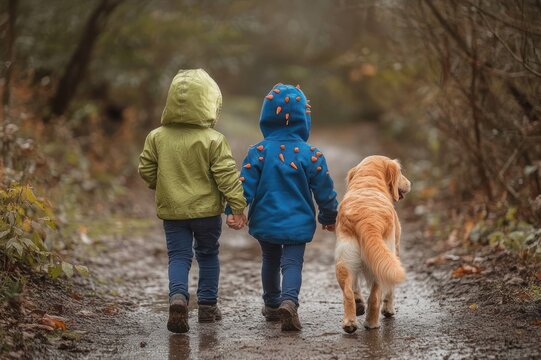 Two children in hooded jackets holding hands walking with a golden retriever on a muddy forest path, cozy companionship and quiet autumn exploration