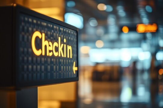 illuminated checkin sign with arrow in a softly lit airport terminal, warm bokeh lights and quiet anticipation