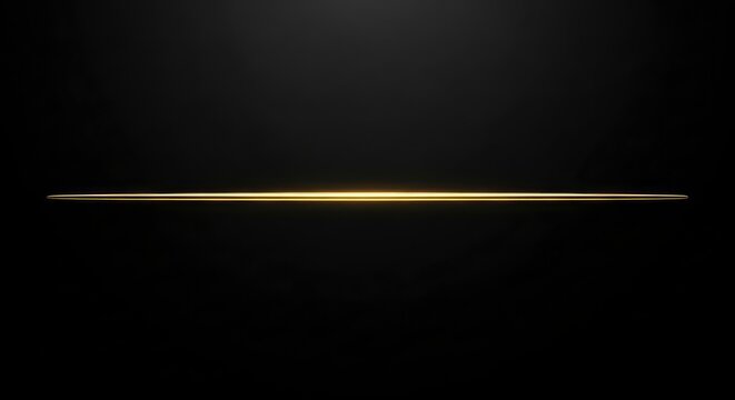 Minimalist horizontal glowing gold line on black background. Abstract luxury light streak graphic for presentation and cinematic backdrop.