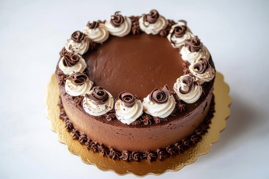 Decadent chocolate cake with smooth ganache, cream rosettes and chocolate curls on a gold cake board, inviting and celebratory