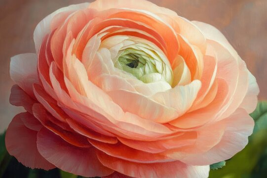 soft peach and cream layered ranunculus bloom close-up with spiraling petals and green center, a delicate serene floral portrait
