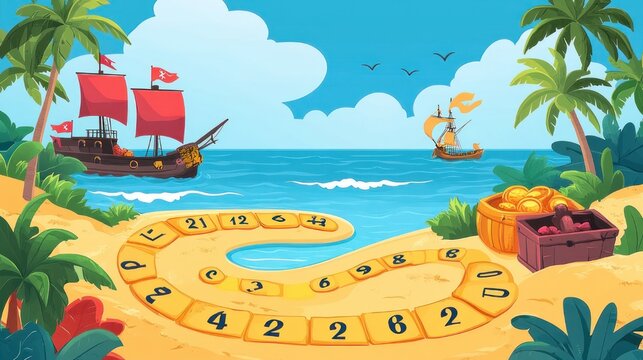 playful treasure hunt board laid out on a sunny tropical island with palm trees, a sandy numbered path around a lagoon, treasure chest and two sailing ships, evoking adventure