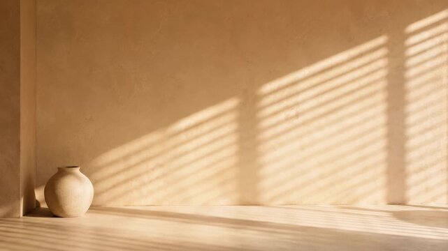 Time lapse of window blind shadows moving across a textured beige wall. Minimalist interior with a small vase and copy space