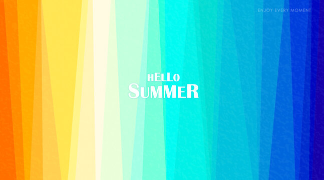 Summer abstract geometric background with colorful stripes. Vector banner design featuring vertical gradient lines with noise texture and Hello Summer typography text