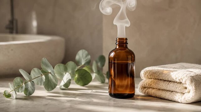 Thick steam rising from an amber glass bottle on a bathroom counter. Essential oil diffuser with eucalyptus and folded towel. Spa and aromatherapy wellness concept