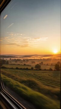 Vertical video of a view from a moving train window at sunrise. Fast journey through countryside fields with distant mist