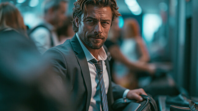 Photorealistic candid documentary photograph of a business traveler in a suit quickly repacking his carry-on bag at a shelf beside an airport security checkpoint, laptop being slid