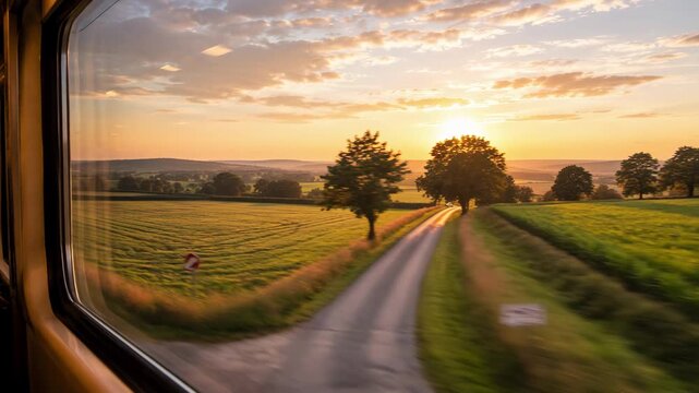 View from a moving train window of a rural landscape at sunset. Fast railway journey past countryside fields and a country road