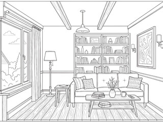 Fototapeta premium Living Room Interior Line Art – Detailed Home Interior Vector Illustration 