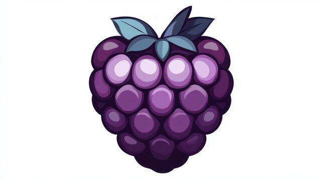 playful stylized purple blackberry composed of round drupelets with bluish leaves on a white background, cheerful cartoon fruit