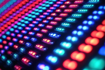 Fototapeta premium Close-up of multicolored LED light panel showing rows of glowing red, blue, and cyan pixels with a vibrant, energetic, futuristic neon atmosphere