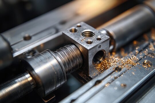 close-up of threaded metal rod and machined metal block with golden shavings on a lathe bed, conveying precision and industrious focus