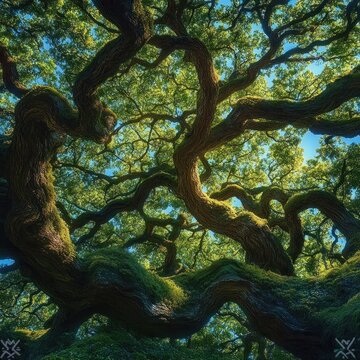 Ancient moss-covered tree with twisted gnarled branches and dappled sunlight in a lush forest, calm and majestic beside a muted green square overlay