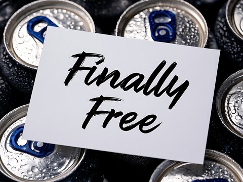 Finally Free handwritten note on cold wet aluminum beverage cans covered in water drops