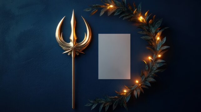 golden trident staff beside blank rectangular card framed by illuminated crescent leaf wreath on deep blue textured background, elegant festive and mysterious mood