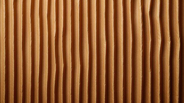 close-up of brown corrugated cardboard showing vertical ridges and warm rhythmic texture, tactile layered paper surface with soft shadows