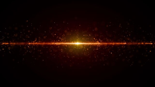 Glowing anamorphic gold star across dark background. Orange particles around bright center, cinematic light effect for overlays, seamless loop. Lens flare with balanced composition, abstract backdrop