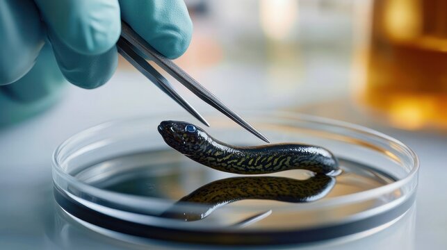 gloved hand gently lifting a small patterned baby snake from a petri dish with tweezers in a clinical laboratory setting, careful curiosity and precise handling