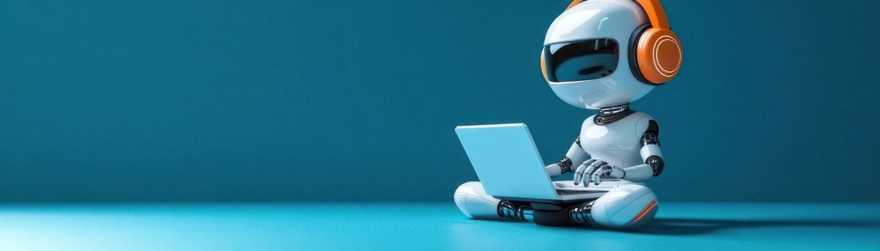 small white humanoid robot wearing orange headphones sits cross-legged with a laptop on a blue surface against a teal background, looking focused and curious