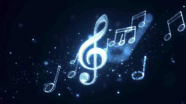 Glowing musical notes and treble clef on dark background