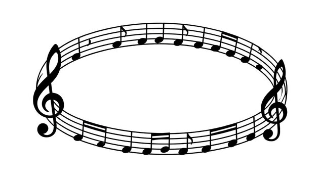 Circular music notes border frame isolated on white background