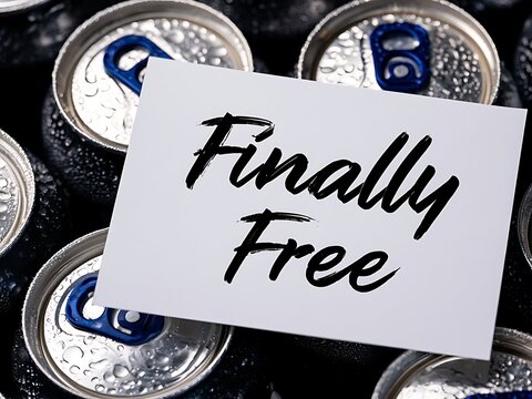 Finally Free handwritten note on cold wet aluminum beverage cans covered in water drops