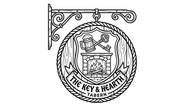 Vintage Tavern Sign: Key, Hearth, Beer Mug - Emblematic Emblem