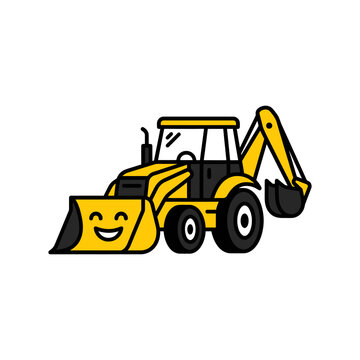 A flat vector illustration of a smiling yellow backhoe loader with a black outline