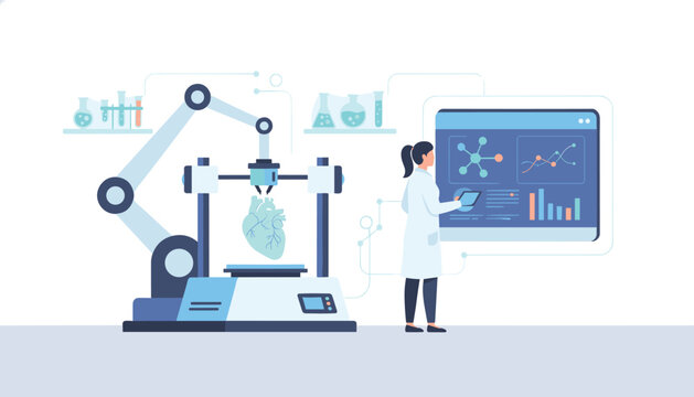 Female laboratory scientist uses advanced technology to print a biological human heart with a robotic 3D printer.