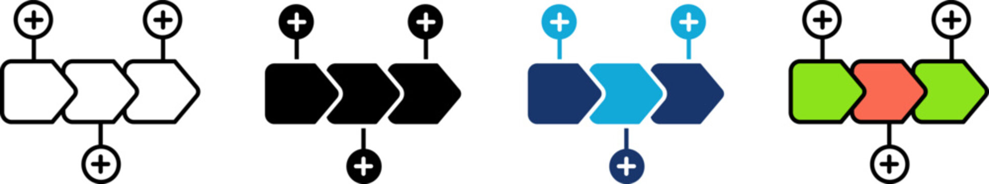 Process arrow chart icon set, business timeline or workflow diagram with plus signs, multi step development plan infographic collection, line and flat color style digital illustration design.