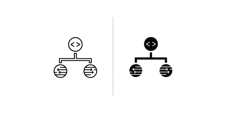 Software development hierarchy with coding brackets and data flow arrows in outline and solid black styles