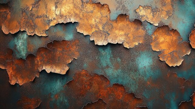 peeling turquoise paint and orange rust on weathered metal surface with dramatic flaking layers and textured patina