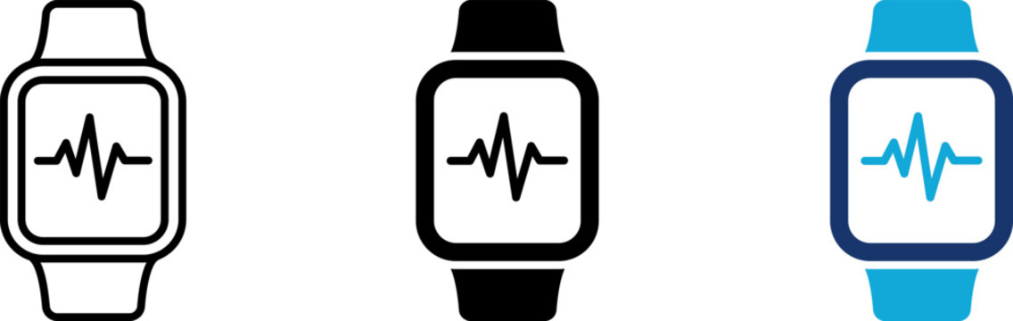 Smartwatch heartbeat monitor icon set, smart watch fitness tracker, health pulse rate, wearable electronic gadget, medical telemetry display, line and flat color style illustration graphic.