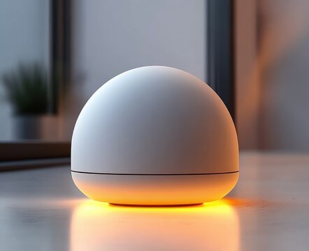 white dome-shaped tabletop device emitting warm orange underglow on glossy surface by window with blurred plant, minimalist cozy and calm atmosphere