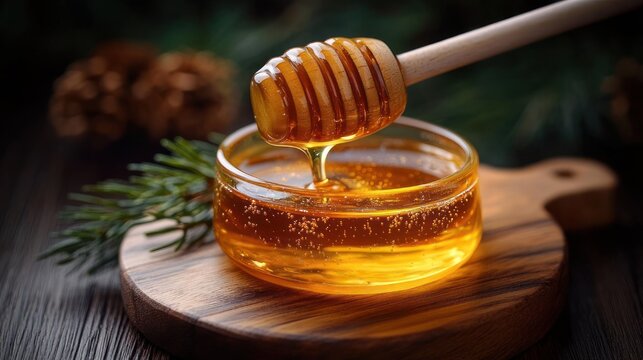 glass jar of amber honey with wooden honey dipper dripping viscous honey on a round wooden board beside pine sprig and pinecones, warm cozy inviting rustic scene