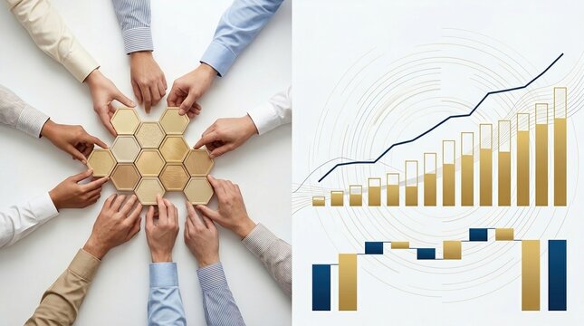 Wealth management teamwork, financial planning, investment growth concept with team assembling chart pieces.
