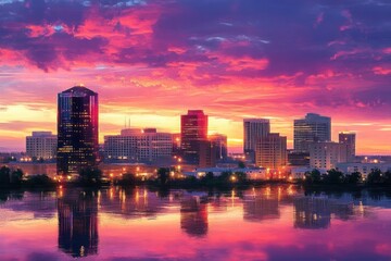 Fototapeta premium vibrant urban skyline at dramatic pink and purple sunset with glowing city lights reflected in calm river, peaceful evening atmosphere