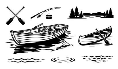 Black and White Empty Rowing Boat on Lake Vector Set © MDEASIN