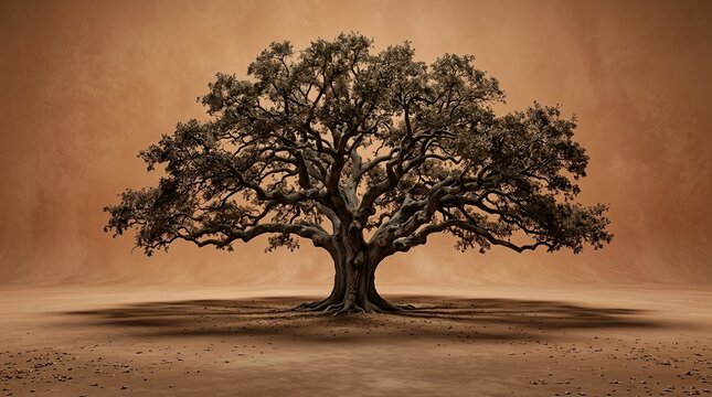 Ancient tree, resilience, legacy concept with large tree casting dramatic shadow on dry landscape.