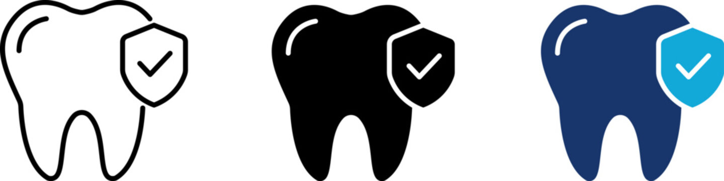 Dental protection icon set, healthy tooth with shield symbol, oral hygiene insurance, checkup stomatology care, dentistry health safety guard, line and flat color style illustration graphic.