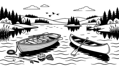 Black and White Empty Rowing Boat on Lake Vector Set © MDEASIN