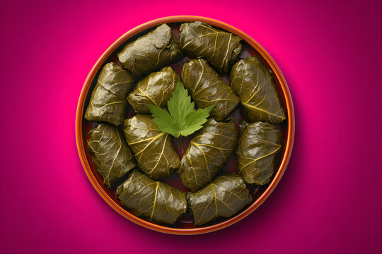 Traditional Bosnian halal Japrak stuffed grape leaves dolma on pink background, top view.
