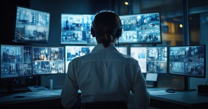 Focused security operator wearing a headset monitors multiple surveillance camera feeds across rows of screens in a dim control room, vigilant and concentrated
