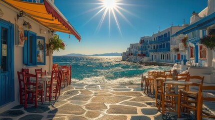 Fototapeta premium Sunlit Mediterranean seaside village with whitewashed buildings, blue shutters, stone-paved walkway leading to sparkling sea, empty cafe chairs, serene inviting mood