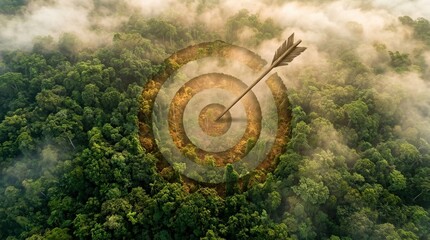 Fototapeta premium Rainforest target, conservation goal, environmental strategy concept with arrow hitting target above forest canopy.