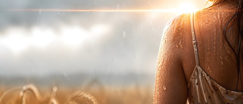 Close up of young woman wet shoulder from behind under summer rain in wheat field at sunset with large copy space